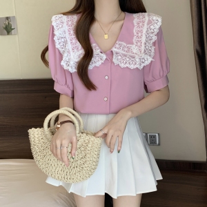 RM15463#夏装蕾丝重工娃娃领甜美气质大码衬衫夏设计感上衣M-4XL200斤