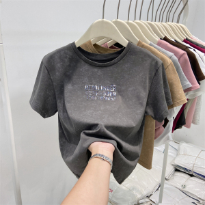 RM20038#夏季韩版新款复古水洗做旧字母刺绣时尚百搭圆领短袖T恤