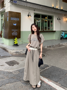 RM15668#大码 韩版字母印花抽绳泡泡短袖上衣+高腰拼色开叉半身裙