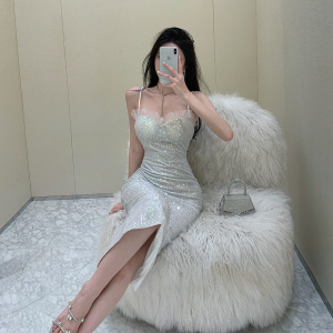 RM20167#女装名媛风闪亮珠片中长款修身包臀旅游聚会礼服连衣裙