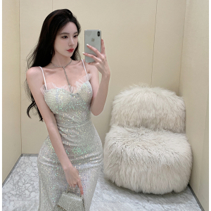 RM20167#女装名媛风闪亮珠片中长款修身包臀旅游聚会礼服连衣裙