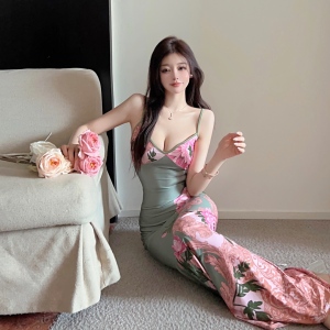 Satin Elegant Print Sexy Strap Dress