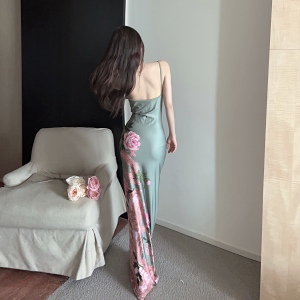 Satin Elegant Print Sexy Strap Dress