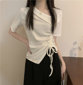 RM15469# 夏季新款不规则抽绳短袖T恤上衣女