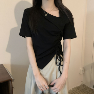 RM15469# 夏季新款不规则抽绳短袖T恤上衣女