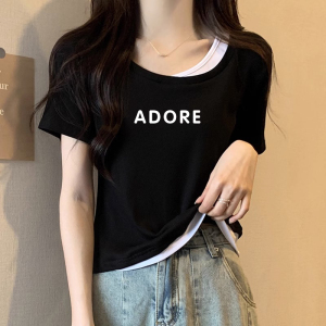 TR43980# 字母短袖T恤女夏季新款韩版小个子短款撞色假两件纯棉上衣潮 服装批发女装批发服饰货源