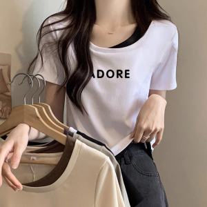 TR43980# 字母短袖T恤女夏季新款韩版小个子短款撞色假两件纯棉上衣潮 服装批发女装批发服饰货源