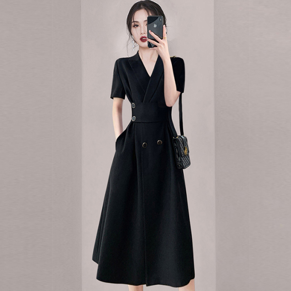 RM15657#轻奢高级感黑色西装连衣裙2023夏季新款女装小众复古收腰V...