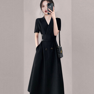 RM15657#轻奢高级感黑色西装连衣裙2023夏季新款女装小众复古收腰V领裙子