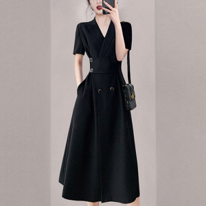 RM15657#轻奢高级感黑色西装连衣裙2023夏季新款女装小众复古收腰V领裙子
