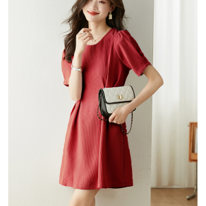 RM16523# 红色华夫格收腰女连衣裙2023夏季新款时尚休闲显瘦连衣裙