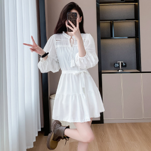 TR36640# 白色连衣裙女雪纺拼接蕾丝灯笼袖系带公主裙 服装批发女装批发服饰货源