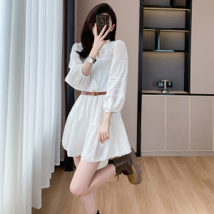 TR36640# 白色连衣裙女雪纺拼接蕾丝灯笼袖系带公主裙 服装批发女装批发服饰货源