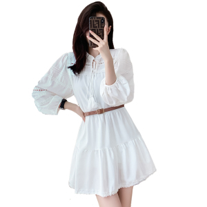 TR36640# 白色连衣裙女雪纺拼接蕾丝灯笼袖系带公主裙 服装批发女装批发服饰货源