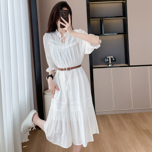 RM16796#泡泡袖蕾丝花边镂空V领白色长裙