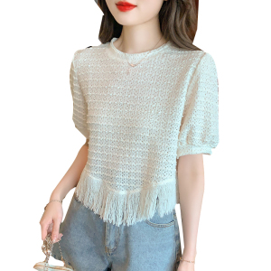 RM22068#夏季设计感小众雪纺衫短袖镂空流苏法式别致短款上衣女