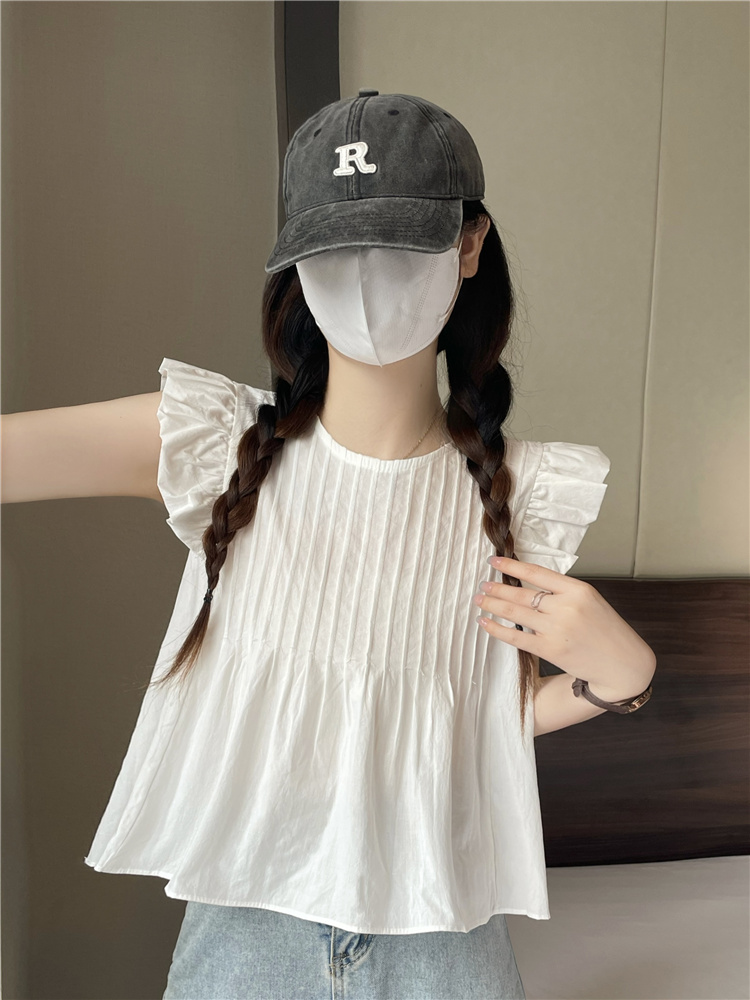 Real price real shot summer new temperament pleated wooden ear side small flying sleeve design shirt top