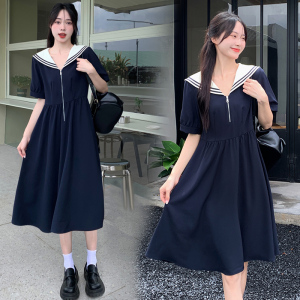RM17735#大码女装长短款海军风撞色减龄连衣裙女夏新款微胖mm裙子