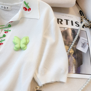 TR35530# 夏季新款设计感polo领绣花短袖T恤冰丝针织上衣女 服装批发女装服饰货源