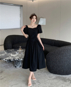 TR38531# 新款设计韩版气质甜美小方领修身长款连衣裙 服装批发女装批发服饰货源