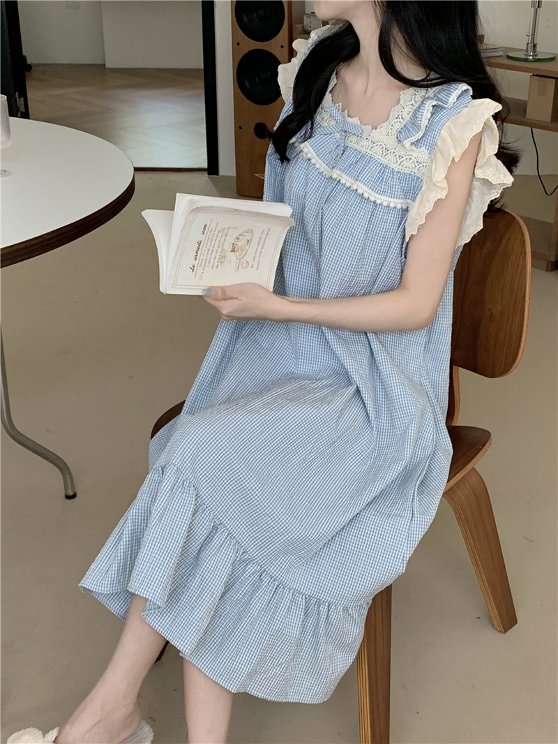 Real price real price Korean version of sweet lace princess style loose flying sleeves small fresh and fine check pattern home service dress