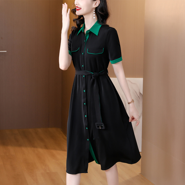 RM15992#夏季新款时尚通勤直筒裙拼色单排扣系带收腰连衣裙