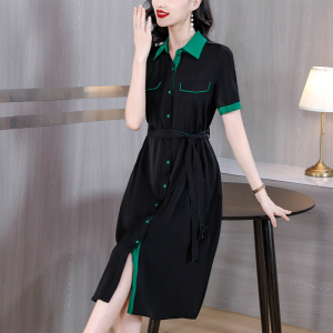 RM15992#夏季新款时尚通勤直筒裙拼色单排扣系带收腰连衣裙 