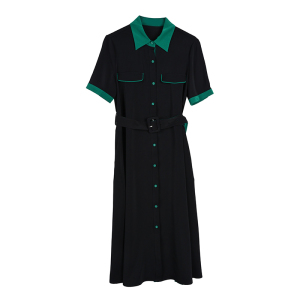 RM15992#夏季新款时尚通勤直筒裙拼色单排扣系带收腰连衣裙 