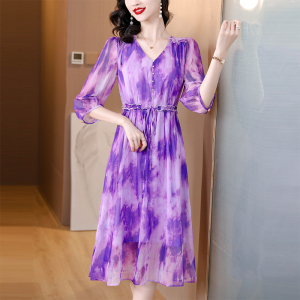 RM15873#真丝连衣裙夏季2023新款高端精致桑蚕丝裙大牌收腰气质紫色碎花裙