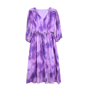 RM15873#真丝连衣裙夏季2023新款高端精致桑蚕丝裙大牌收腰气质紫色碎花裙
