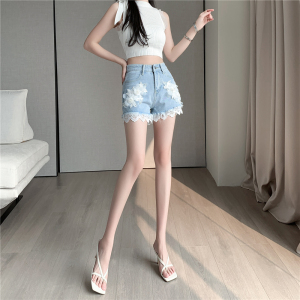 RM15560#性感牛仔短裤夏季热裤花边花朵舒适修身显瘦女士高腰