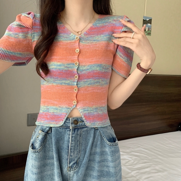 RM21177#短袖女夏装新款泡泡袖针织开衫短款彩虹条纹洋气减龄上衣