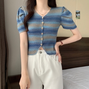 RM21177#短袖女夏装新款泡泡袖针织开衫短款彩虹条纹洋气减龄上衣