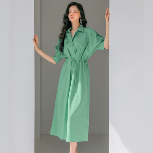 TR35568# 夏新款韩版时尚气质优雅衬衫裙纯色衬衫领长裙森女系带连衣裙 服装批发女装服饰货源