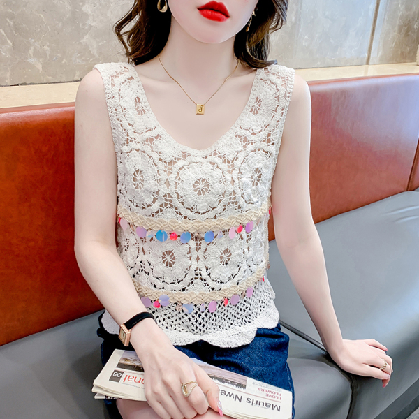 RM18110#夏波西米亚冰丝镂空无袖背心女独特别致设计流苏上衣