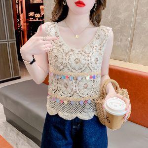RM18110#夏波西米亚冰丝镂空无袖背心女独特别致设计流苏上衣