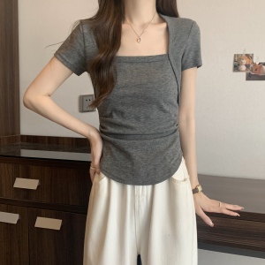 RM21740#大码女装纯欲风短袖T恤女夏季褶皱修身打底衫不规则短款上衣