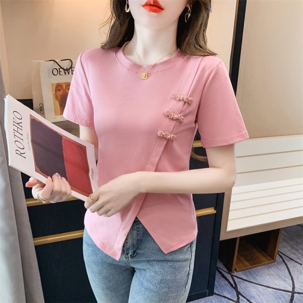 RM15855#夏季2023年新款短款上衣修身开叉不规则纯棉短袖t恤女装