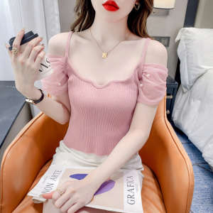 RM15571#夏新款设计感拼接珍珠网纱气质温柔小女人一字领露肩小衫
