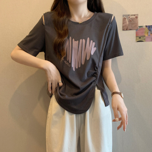 RM15504#夏装新款胖mm美式设计感显瘦字母印花露肩折皱短袖T恤