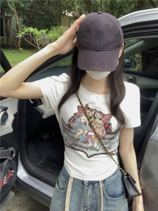 RM15470#夏季新款重工刺绣圆领系带短袖T恤上衣