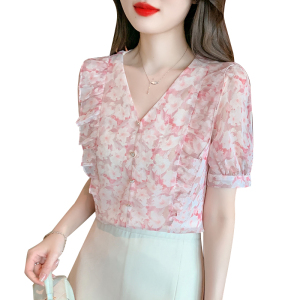 RM22071#夏季新款衬衫女别致雪纺上衣法式短袖V领小众碎花衬衣