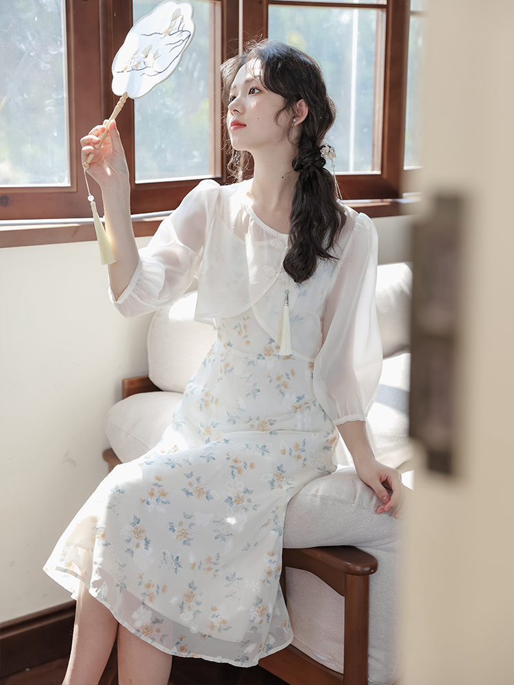 新中式吊帶連衣裙女法式氣質國風兩件套復古小個子吊帶裙罩衫