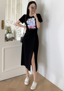 RM16673#重工钉珠设计感连衣裙女夏季新款时尚不规则褶皱收腰显瘦开叉长裙
