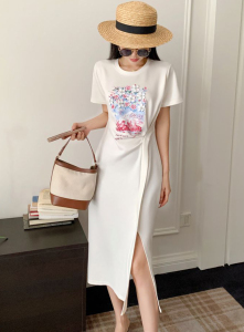 RM16673#重工钉珠设计感连衣裙女夏季新款时尚不规则褶皱收腰显瘦开叉长裙