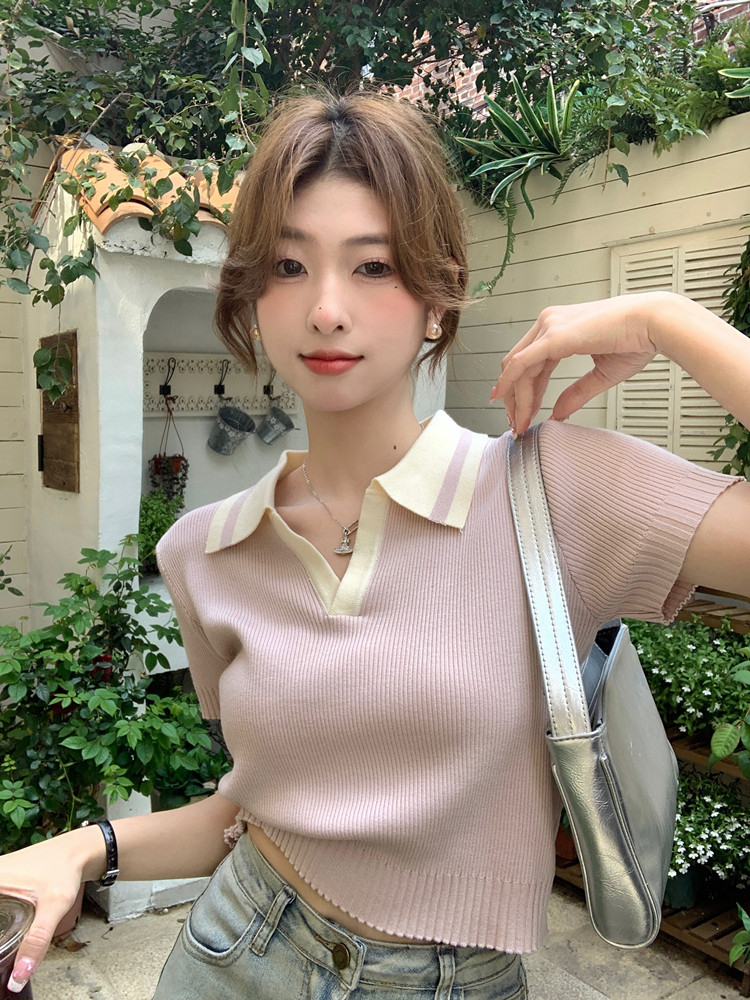 Beautiful summer French niche hit color polo collar ice silk knit shirt short-sleeved t-shirt women's short top