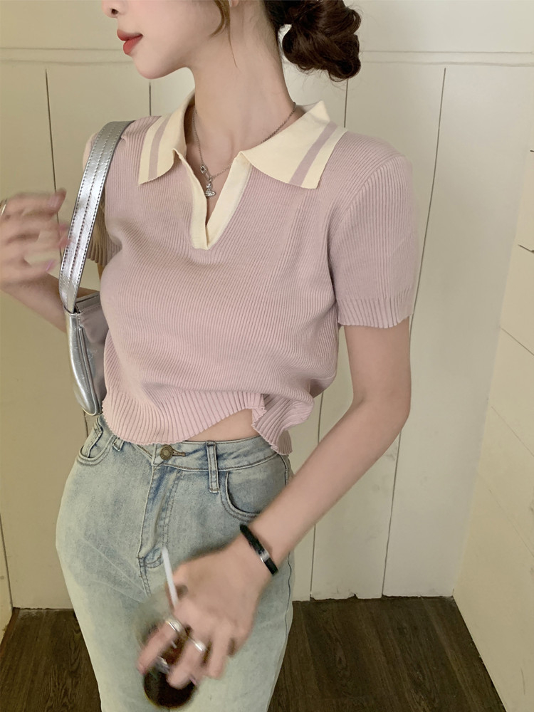 Beautiful summer French niche hit color polo collar ice silk knit shirt short-sleeved t-shirt women's short top