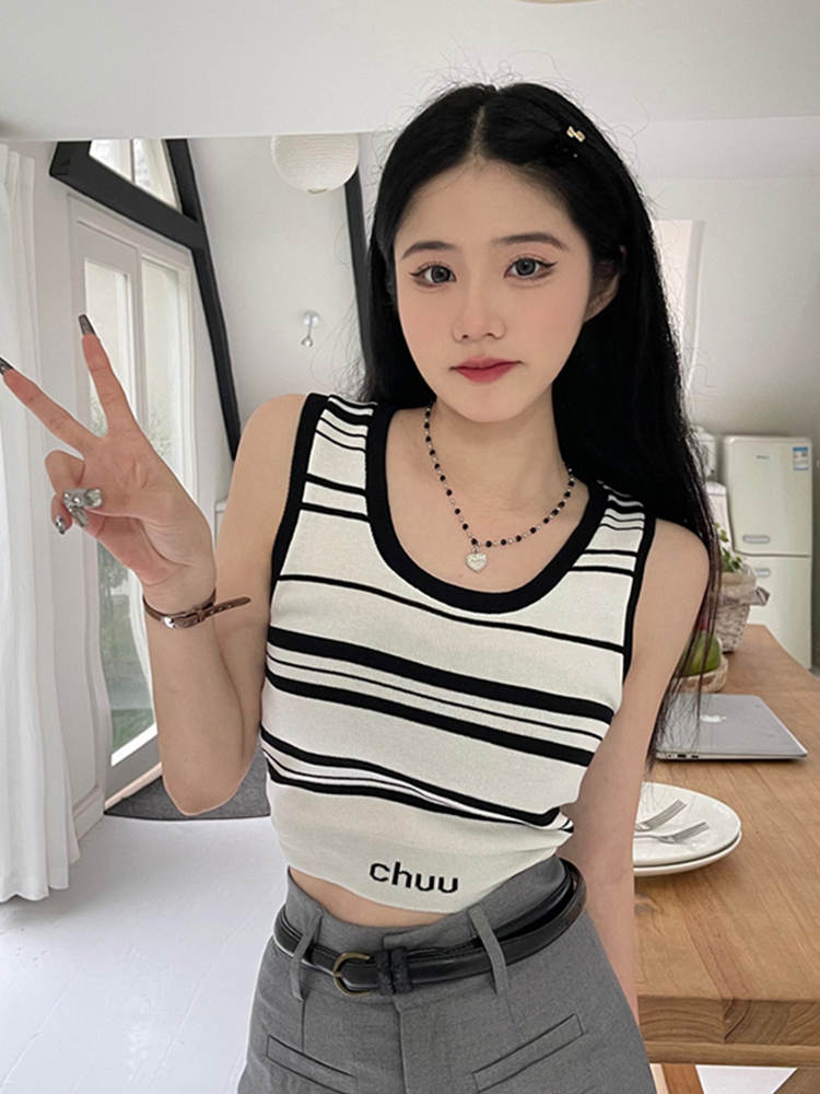 U-neck striped knitted camisole women's summer outerwear waist slimming hot girl short beautiful back sleeveless bottoming top