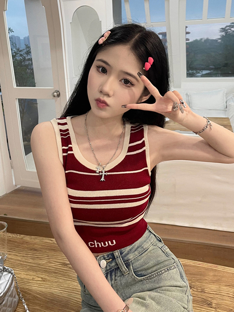U-neck striped knitted camisole women's summer outerwear waist slimming hot girl short beautiful back sleeveless bottoming top