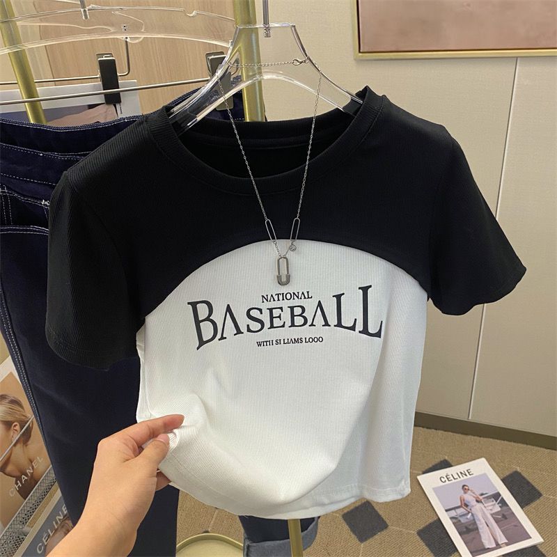 Real price summer new design sense splicing letter short-sleeved T-shirt fashion all-match slimming top